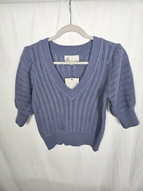 dh NEW YORK Open-Knit V-Neck Sweater - Lavender Blue